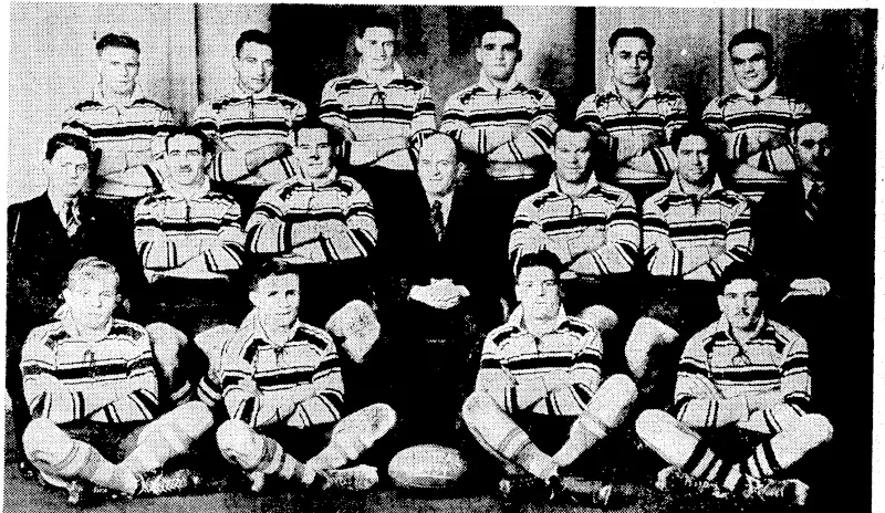 Crown Studios Photo, Members of the Central Rugby League Football Club's senior team, winners of th? 1939 Wellington championship. Standing, from left, L. J. F. Duff, T. N. Hulton, F. M oreton, J. M. Clarke, L. H. Cootes, J. G. Cootes. Seated, P. J. Donovan, secretary, J. C. Cameron, J. Cooper, captain, Mr. C. A. Bristow, president, G. O'Halloran, vice-captain, A. Hollis, A. H. de Lisle, Control Board delegate. In front, G» Coghlan, G. A. Marshall, F. W. Finnigan, F. P. J. Coughlin. R. Hale. W. Hale, and T. Russell were absent when this picture was taken. (Evening Post, 22 July 1939)