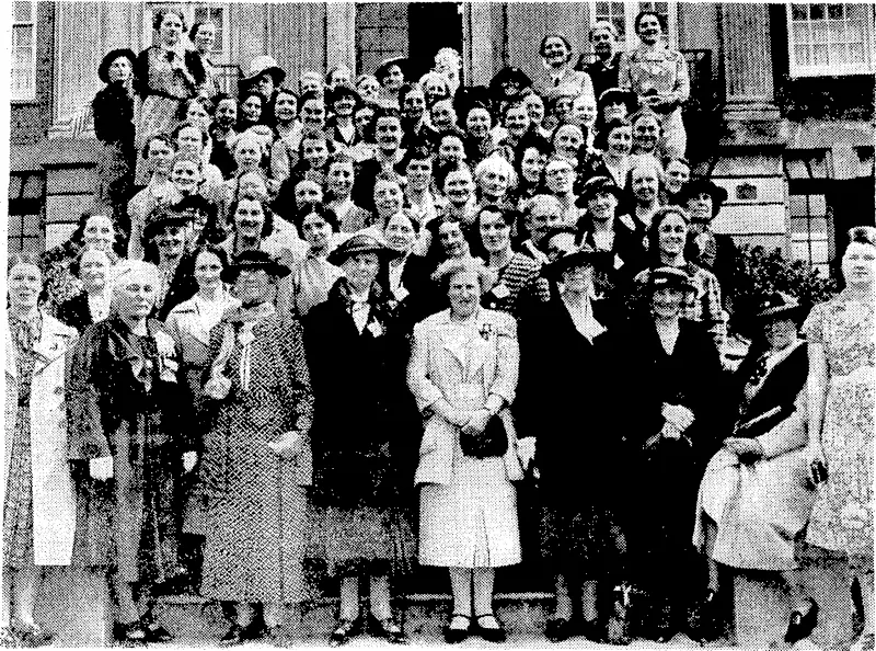 Evening Post" Photo. Delegates who are attending the annual conference of the New Zealand Nurses9 Christian Union, now being held at the Salvation Army Training College in Aro Street. In the front row, starting second from left, are Mrs. Tythe Brown, Miss E. Williams, Miss Bicknell, all of whom are vice-presidents, Mrs. H. Bayldon Eiven, president, Miss Lambie, 0.8. E., Director of Nursing, and Miss Dofill, of the Maori Nursing Division. (Evening Post, 28 January 1939)