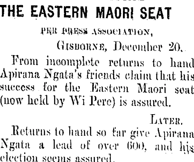 THE EASTERN MAORI SEAT. (Taranaki Daily News 21-12-1905)