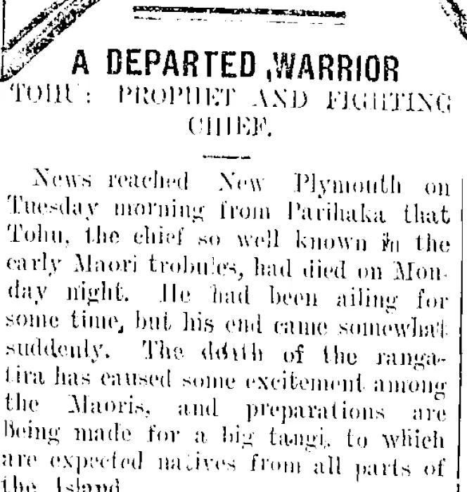 A DEPARTED WARRIOR (Taranaki Daily News 6-2-1907)