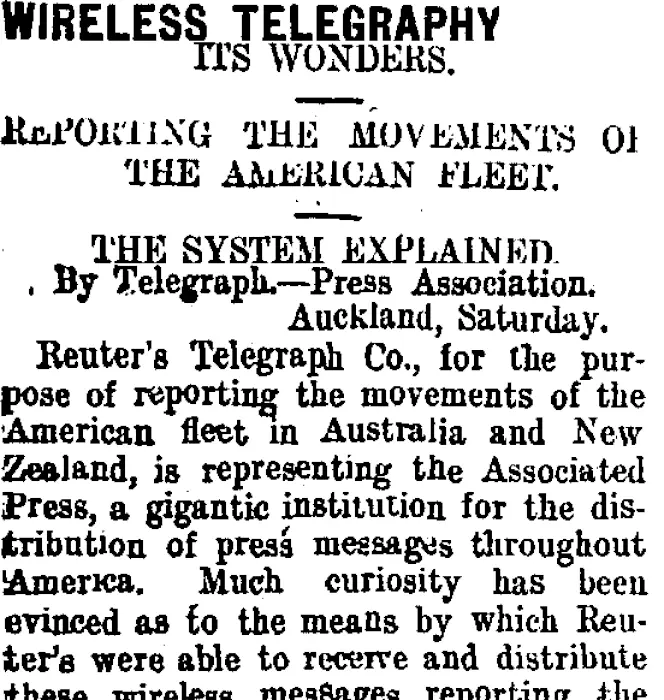 WIRELESS TELEGRAPHY. (Taranaki Daily News 10-8-1908)