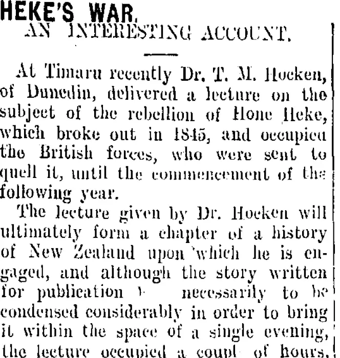 HEKE'S WAR. (Taranaki Daily News 14-4-1909)