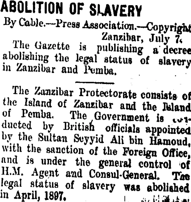 ABOLITION OF SLAVERY (Taranaki Daily News 9-7-1909)