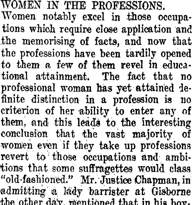 WOMEN IN THE PROFESSIONS. (Taranaki Daily News 24-9-1910)