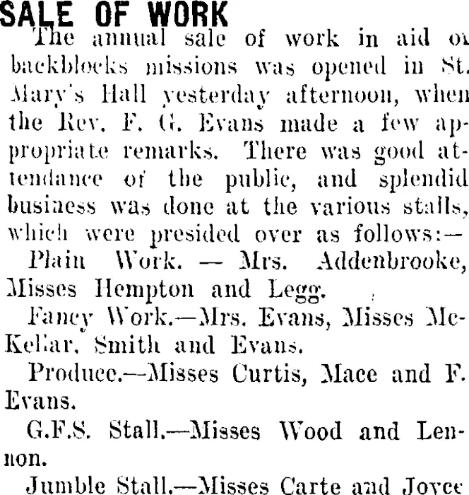 SALE OF WORK (Taranaki Daily News 11-11-1910)