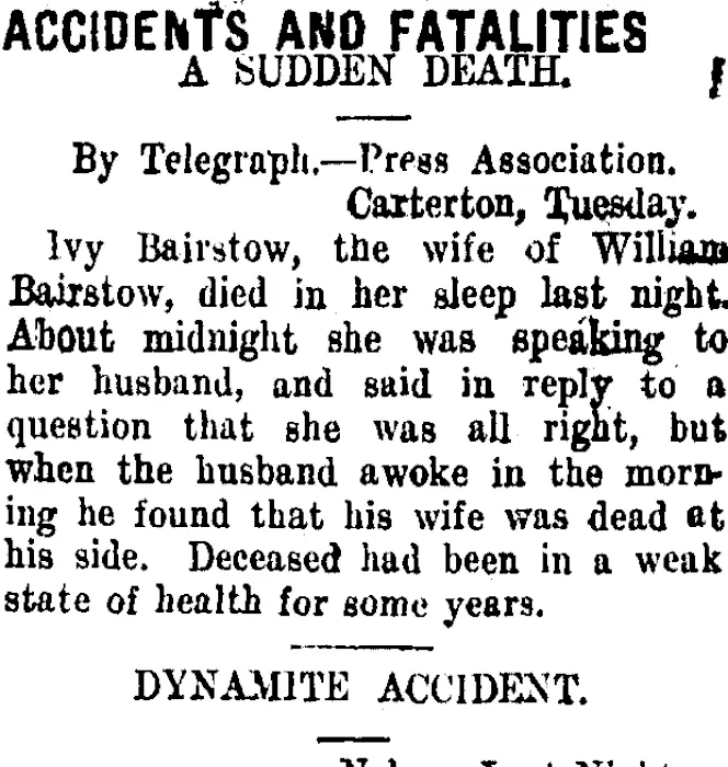 ACCIDENTS AND FATALITIES (Taranaki Daily News 15-2-1911)