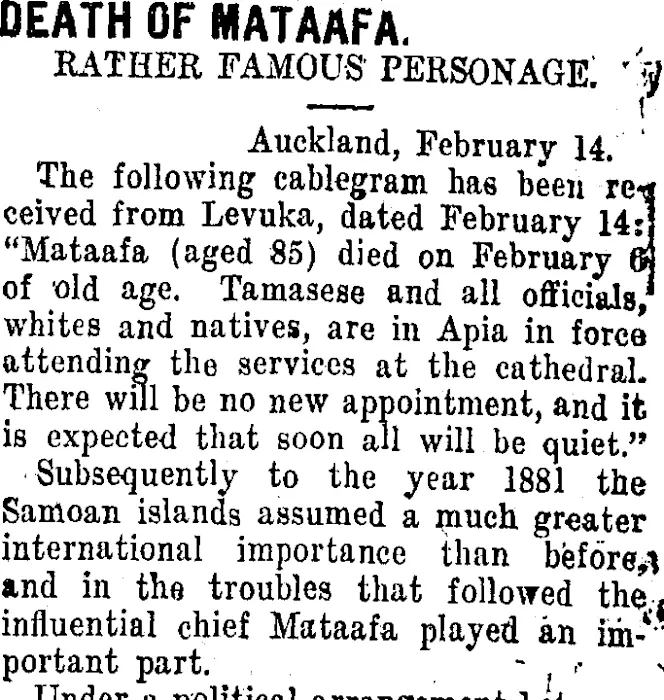 DEATH OF MATAAFA. (Taranaki Daily News 16-2-1912)