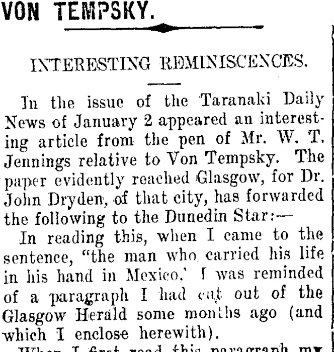 VON TEMPSKY. (Taranaki Daily News 22-4-1912)