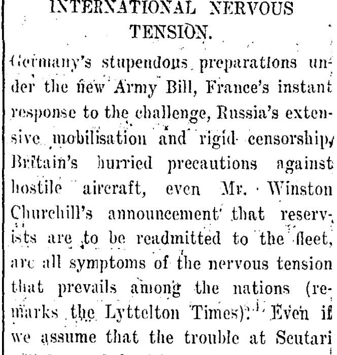 INTERNATIONAL NERVOUS TENSION. (Taranaki Daily News 10-4-1913)