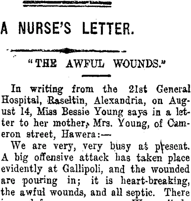 A NURSE'S LETTER. (Taranaki Daily News 15-10-1915)