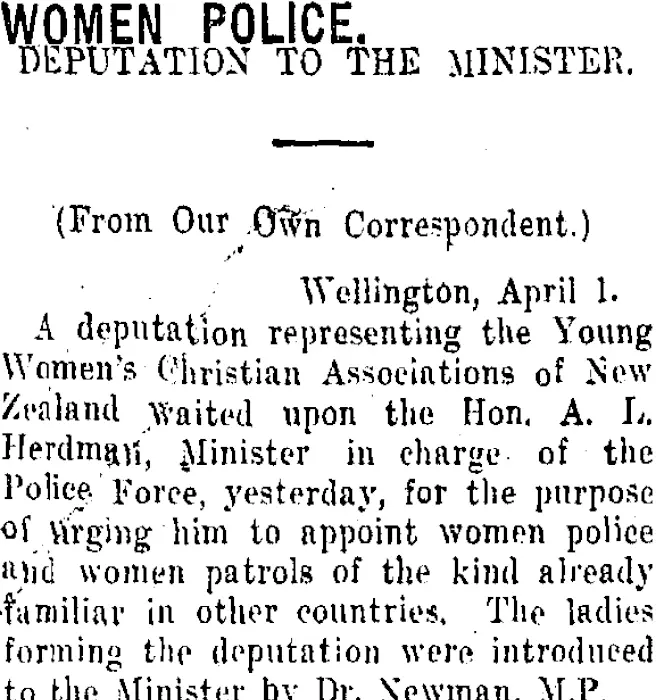 WOMEN POLICE. (Taranaki Daily News 3-4-1916)