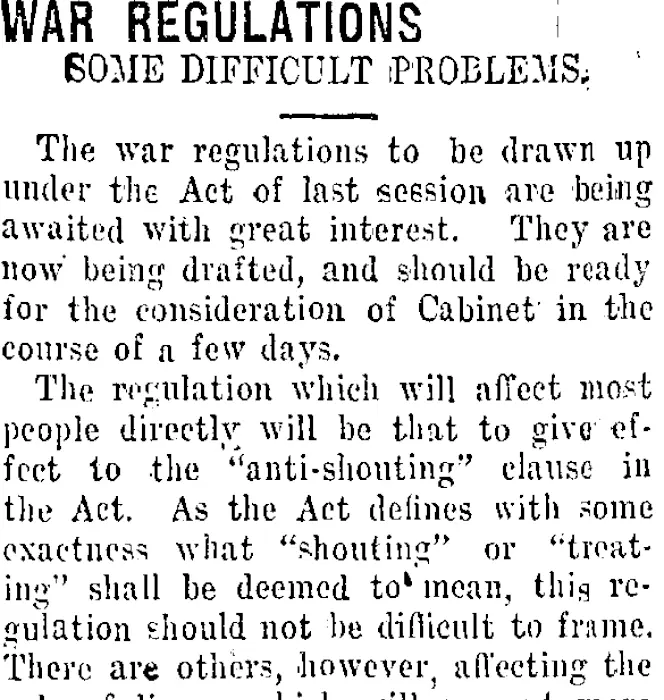 WAR REGULATIONS (Taranaki Daily News 18-8-1916)