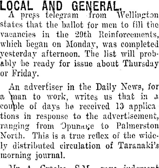 LOCAL AND GENERAL. (Taranaki Daily News 7-3-1917)