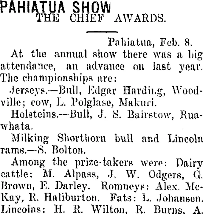 PAHIATUA SHOW. (Taranaki Daily News 11-2-1918)