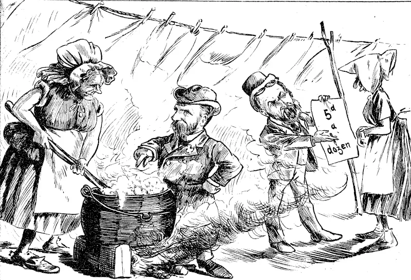 Moesrs Lennox and Udy, as members of the Hospital and Charitable Aid Board, supervise the washing, at 5d per dozen pieces. (Observer, 11 July 1891)