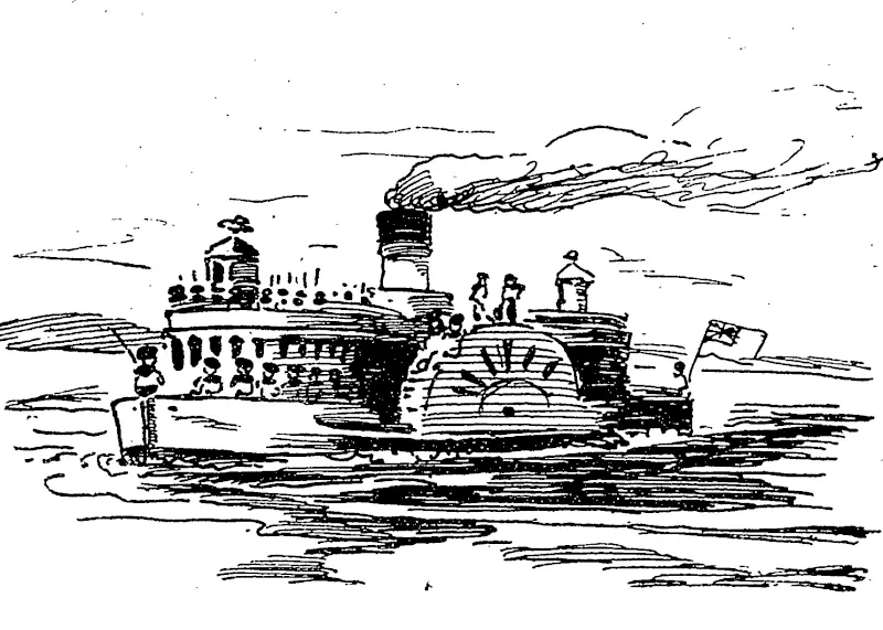 The enemy's fast and furious Man-o'-war Eagle steams up the Waitemata and lands her warriors at Tamaki. The Kaisers and Commanders form their plan of attack, but two bold Colonials, under the pretext of looking for their father's cow s, over-hear the plans. (Observer, 18 April 1896)