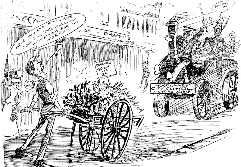 The Gitypouncil: Aye then, you hawker, clear out of the road with that barrow, or we'll bust you to smithereens ! (Observer, 16 October 1909)