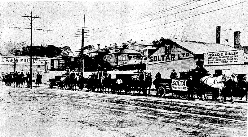 Two thousand gallons of Soltar being escorted by " specials " on the way to Hawera (Observer, 13 December 1913)