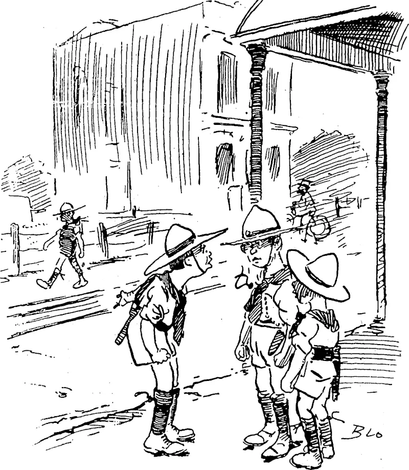 WAR'S WAR. Scout One: If he bosses me again on parade I'll belt him on the jaw. Scout Two: What? D'ye know by the Army Regulations they shoot you for striking an officer in uniform ? (Consternation in the scout camp.) (Observer, 25 November 1916)