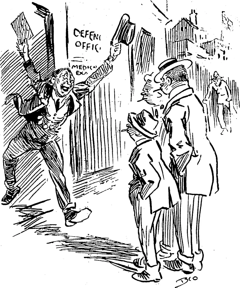 ANY THING BUT FIGHT. Young Man (drawn in the ballot, meeting his awaiting mates after his medical examination) : Hurrah, mates, I've got an incurable disease. (Observer, 23 June 1917)