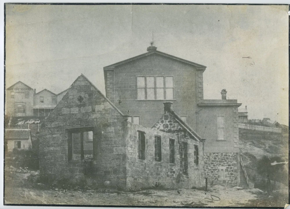 Original and second church buildings