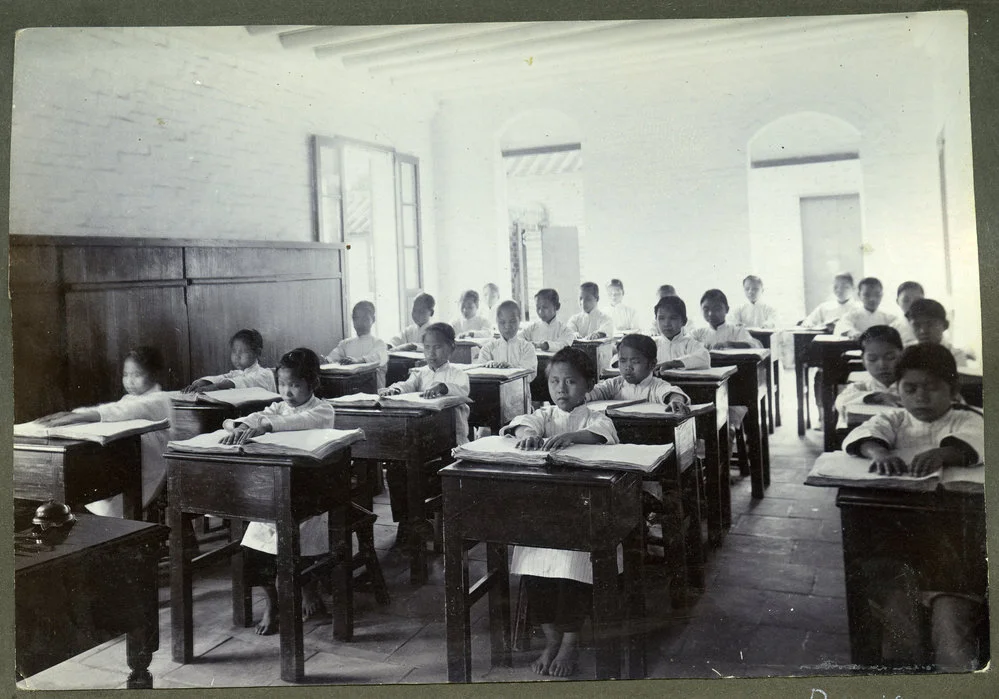 Blind girls of the Ching Sam School for Rescued Blind Slave Girls of Canton, learning Braille