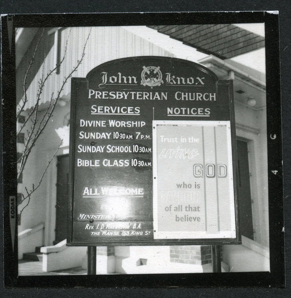 Notice board, John Knox, Rangiora, 1972