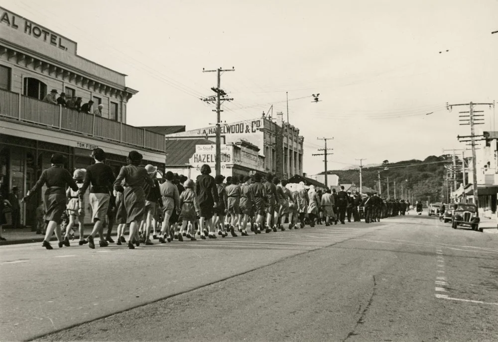 Funeral procession for Mayor Peter Robertson 16th May 1939; Guides, Brownies, Red Cross, Boys' Brigade.