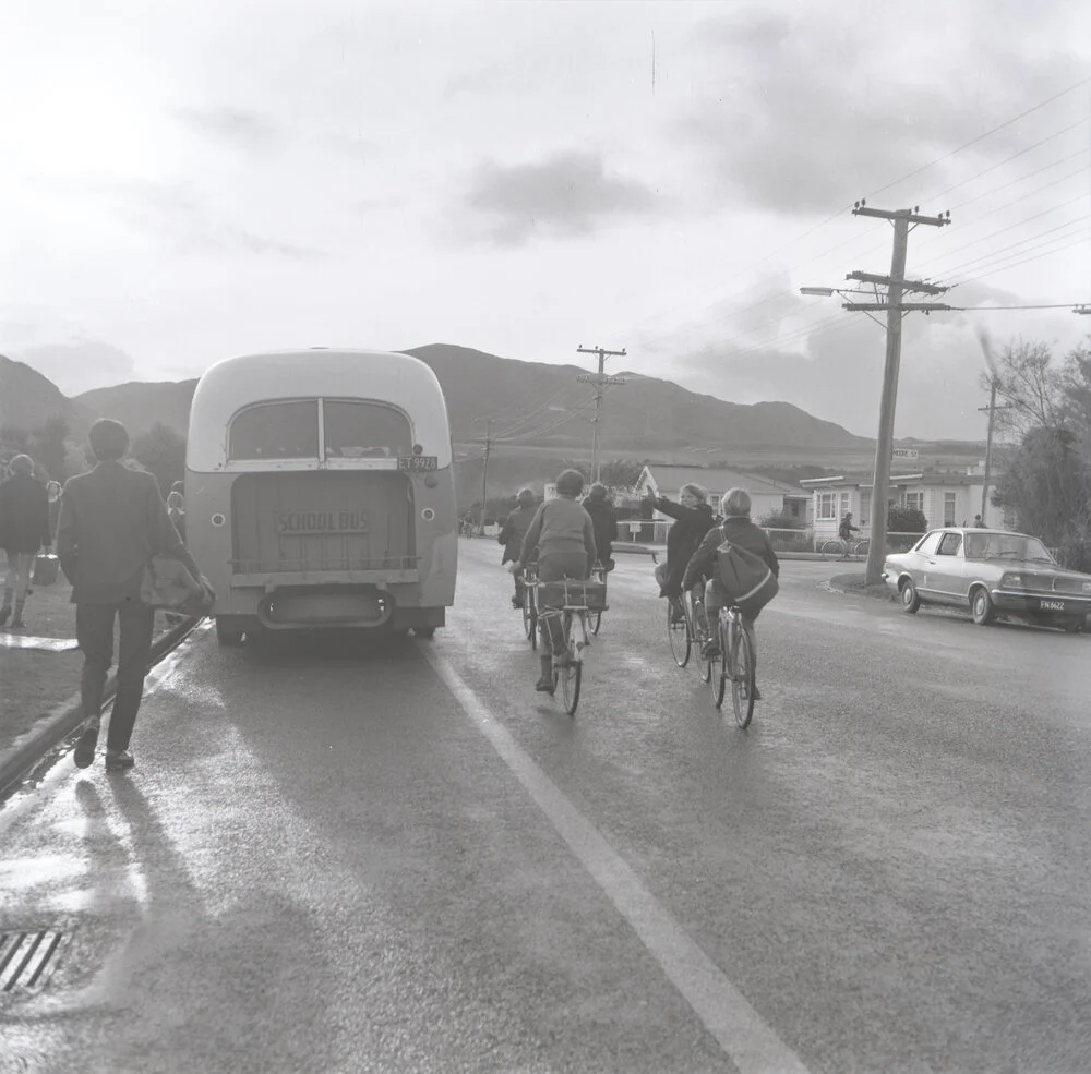 Upper Hutt College; Cyclists and Bus; ca.1960s