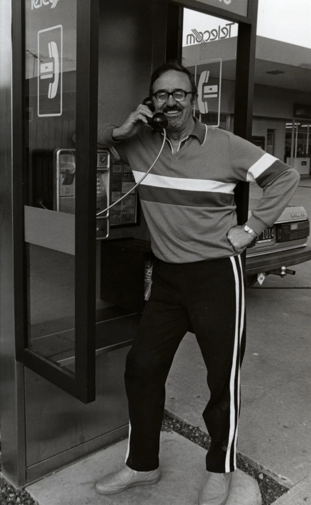 Graham Stokes, 'King of Moonshine', and new card-operated telephone booth at BP Silverstream.