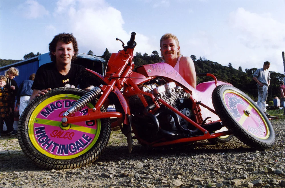 Te Marua speedway; 3-wheeled sidecar; swinger Tony Grigg, rider Allan Blanche.