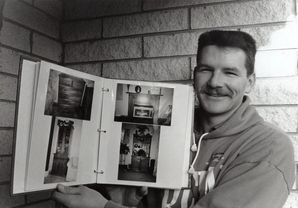 Wayne's Joinery, 68A Montgomery Crescent; Wayne Bissell with photographs of his workmanship.