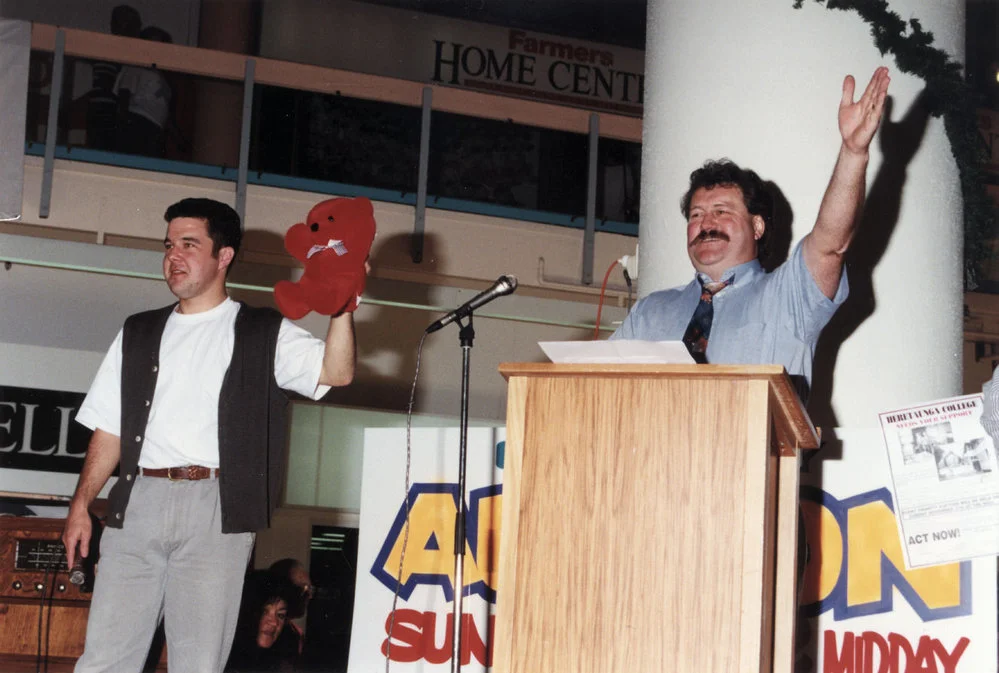 Heretaunga College; Guy Fawkes Night fire; auctioneer Wayne Shindler at charity auction in The Mall.