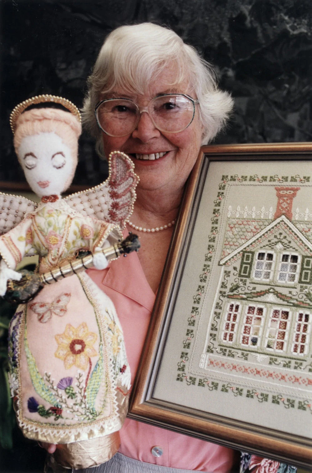Embroiderers' Guild; president Jean Parnell with works for Community Gallery exhibition.