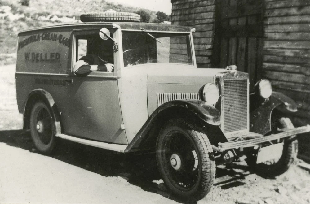 William Deller, Silverstream; fresh milk, cream, eggs, in his Morris Minor van.