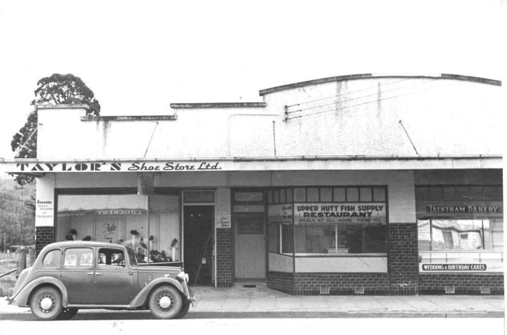 Main St, Upper Hutt, Jan. 1948; north side 02; Taylor's-UH Fish Supply-Trentham Bakery (L2)