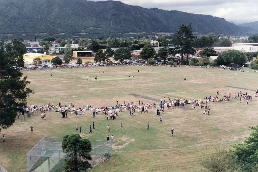 Maidstone Park from hill to the southwest; Cricket Max game in progress.