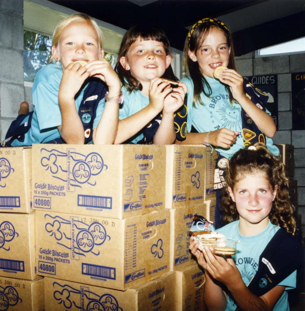 Girl Guide biscuits; annual sale imminent; Pencarrow Guides Sarah Alabaster, Emily Reid, Kate King, Emily Schrijvers.