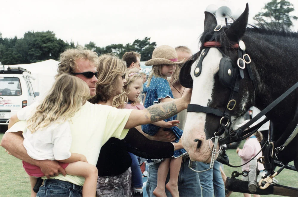 Summer carnival 2000; carnival-goers and one of two Clydesdale horses offering rides.