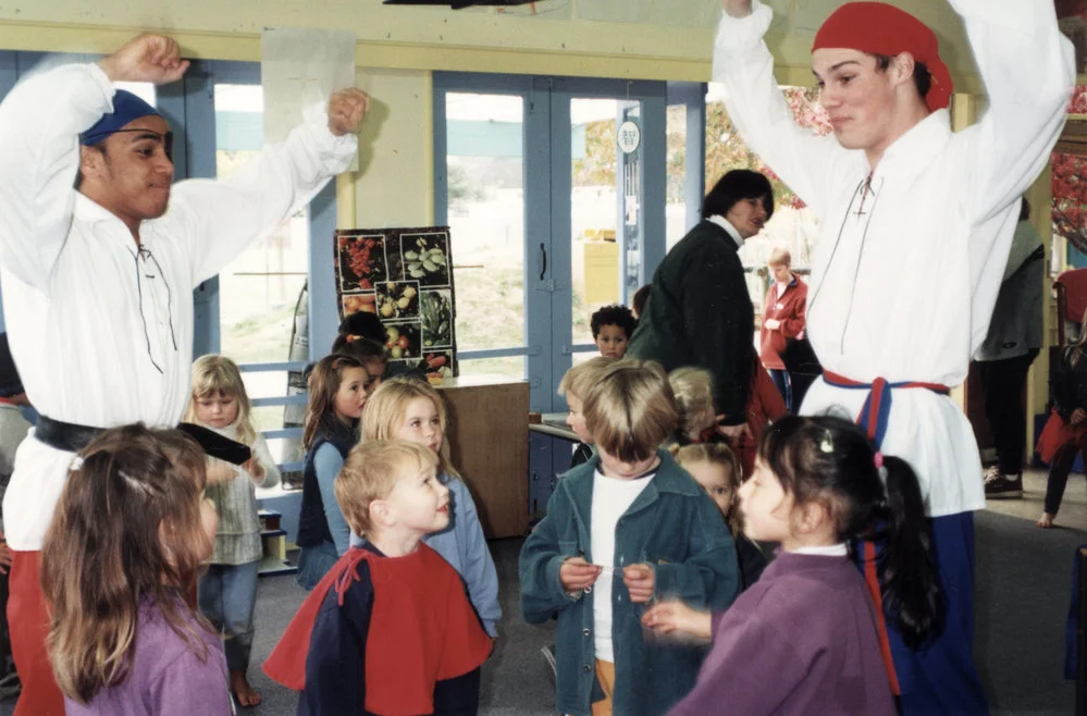 Upper Hutt Kindergarten; Scallywag Pirates children's band visit; Glen and Rob.