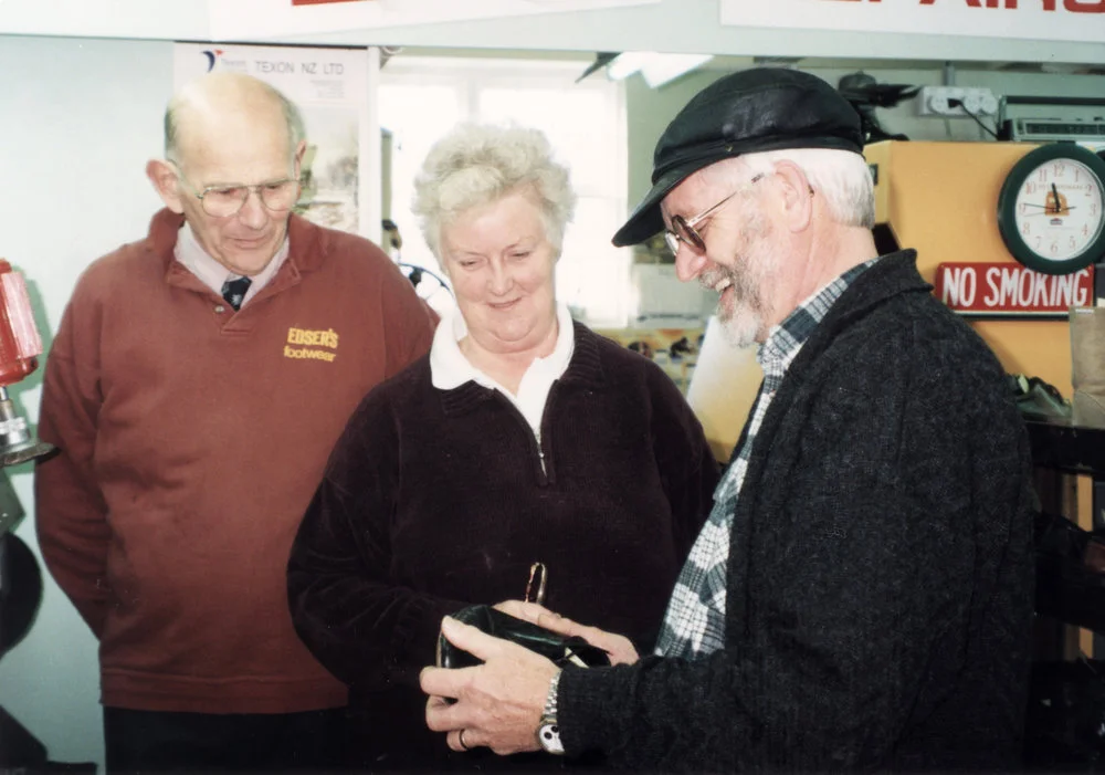 Edser's Shoe repairs; after 40 years, Tom and Nola Edser sell to John Halstag.