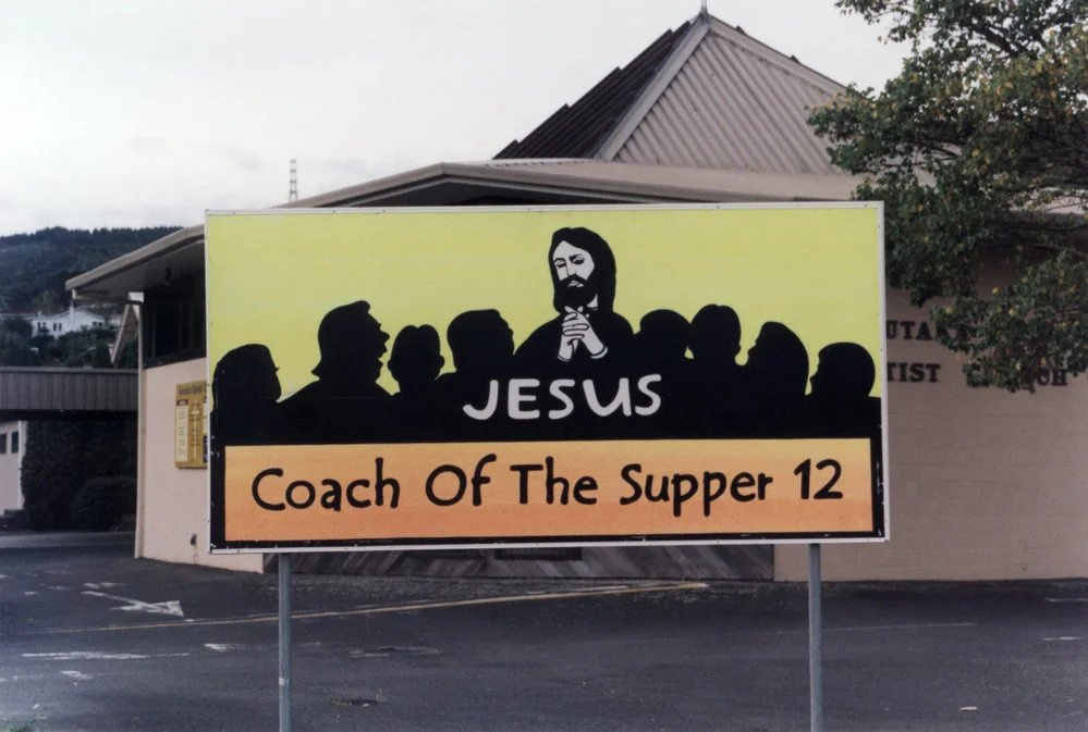 Rimutaka Baptist Church; sign advertising pastor John Norton's talks on 'victim to victor' mindsets.