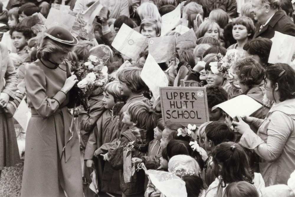 Prince Charles and Princess Diana's visit 6; Diana talking to children from Upper Hutt School.