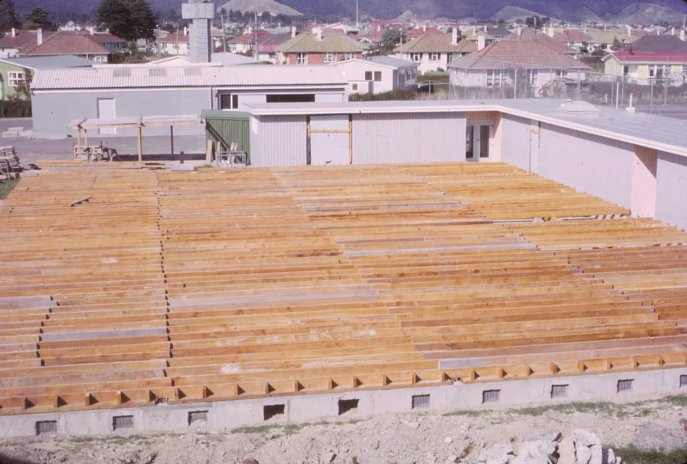 Upper Hutt College buildings 1965; gym floor beams in place