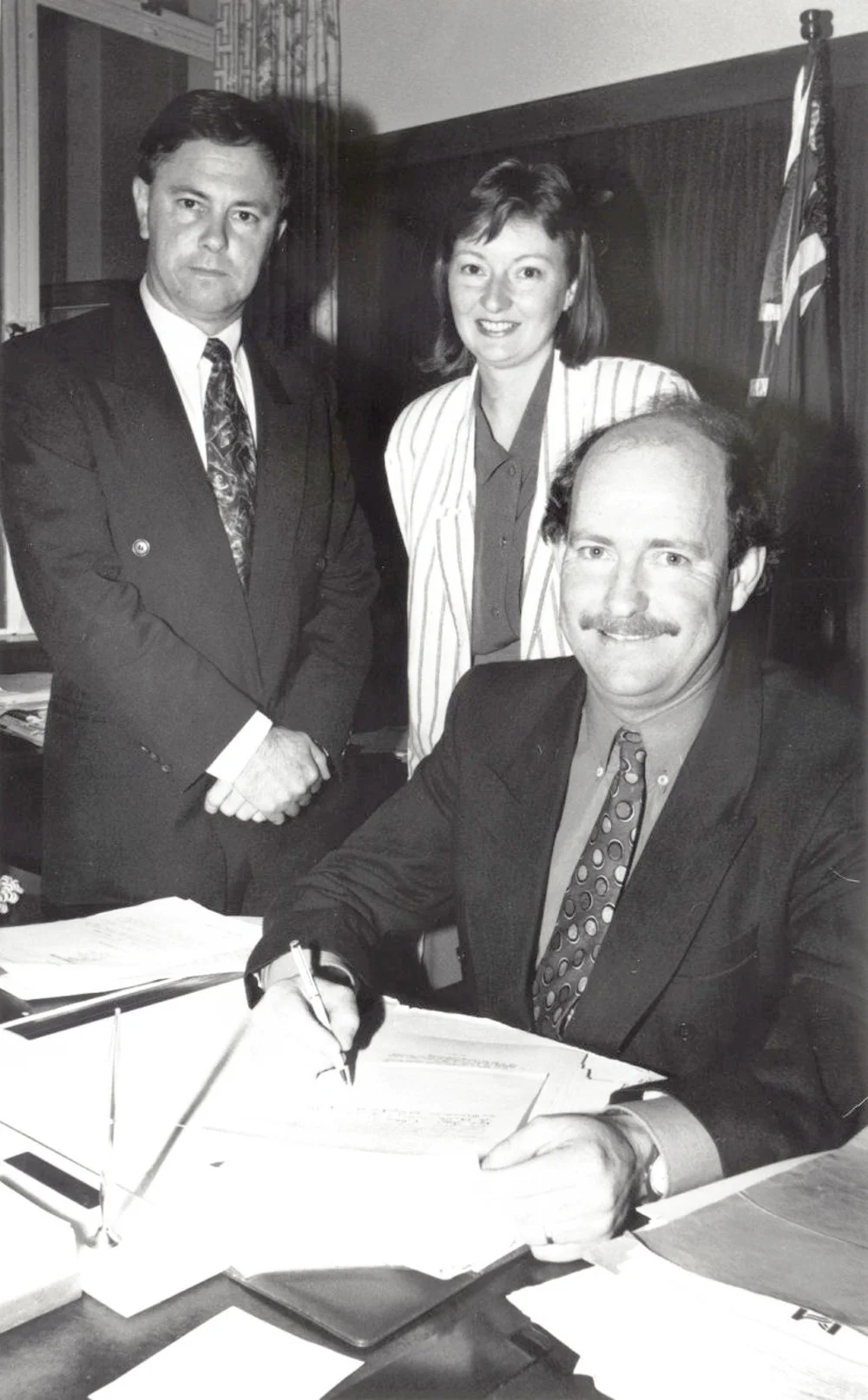 MPs Peter McCardle, Paul Swain and "Leader" editor Rosemary McLennan; petition against skyrockets.