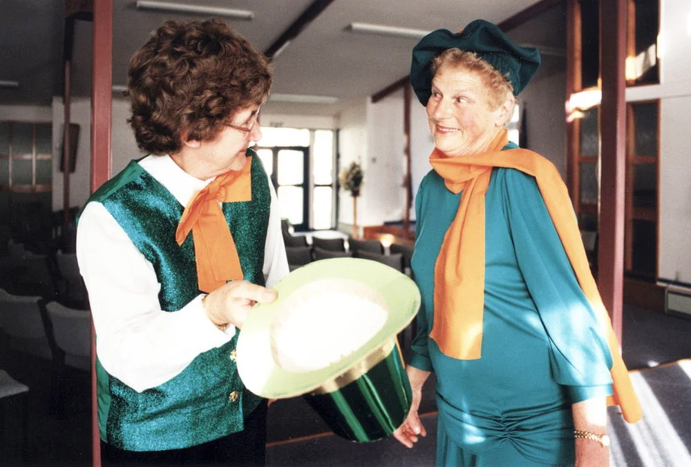 Wesley Revue; Joy Kinnear, Joan Odlum rehearse for the Irish section of their production.