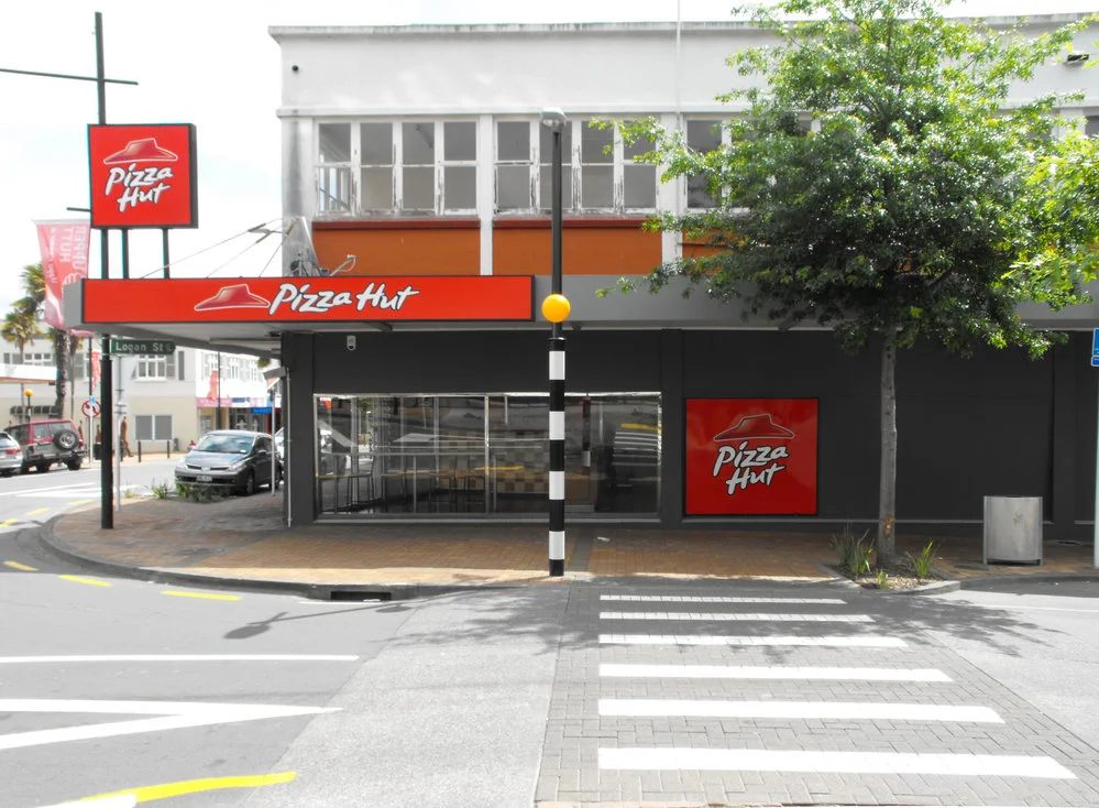 Logan Street west side 1; former Hannahs building, southern end; Pizza Hut (179 Main Street)