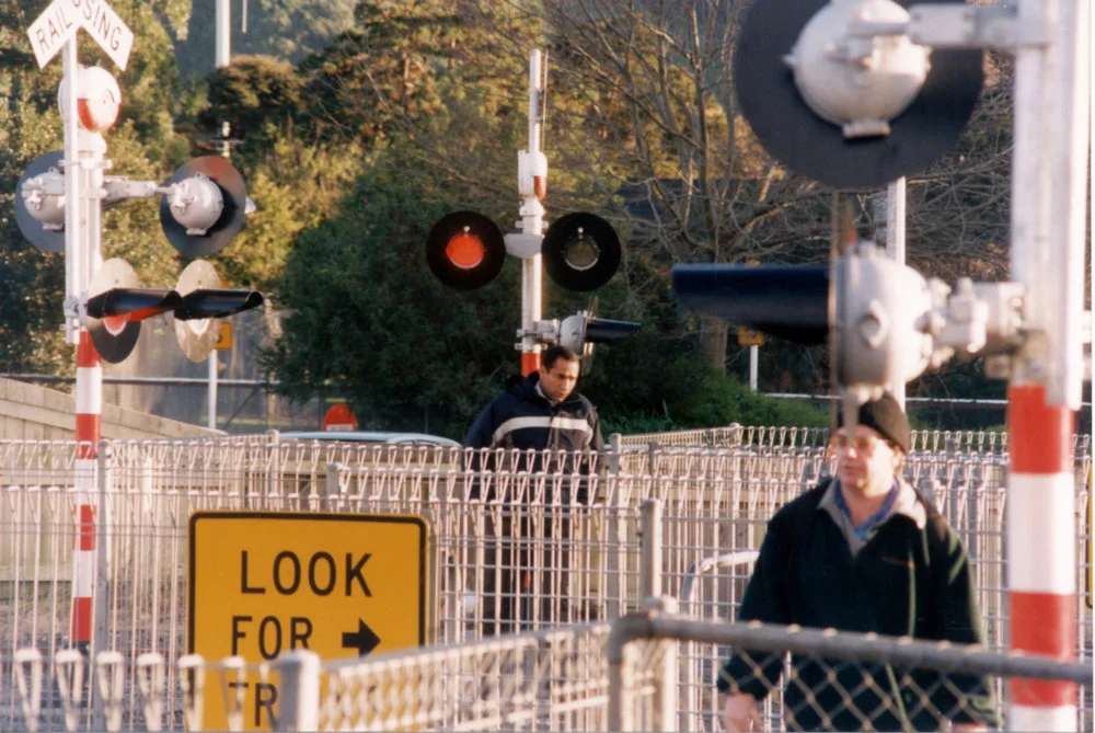 Silverstream railway station pedestrian crossing; flashing LED lights replace earlier lights