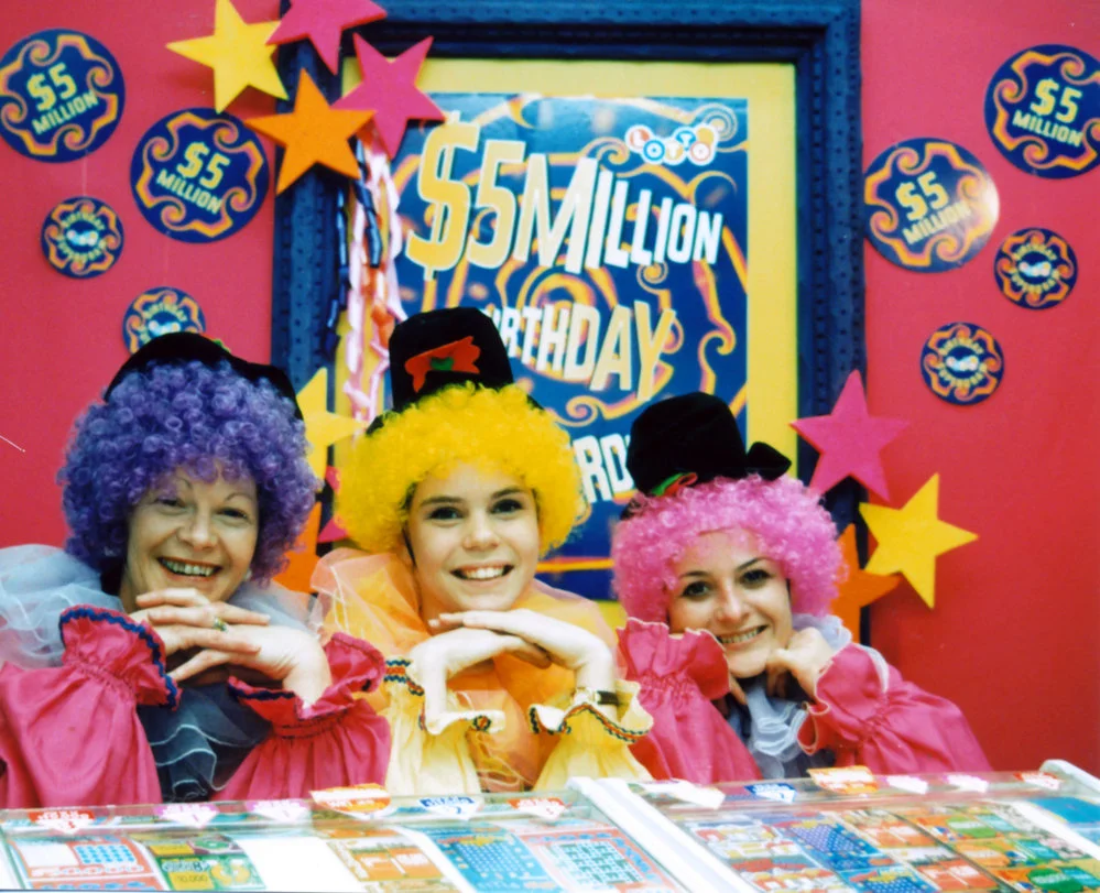 Lotto; $5 million super draw; Priddles Hairdressers and Lotto clowning for the occasion