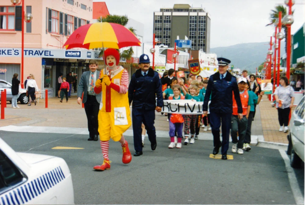 School crossing children's parade 1993 in Main Street, with 'Ronald McDonald'.